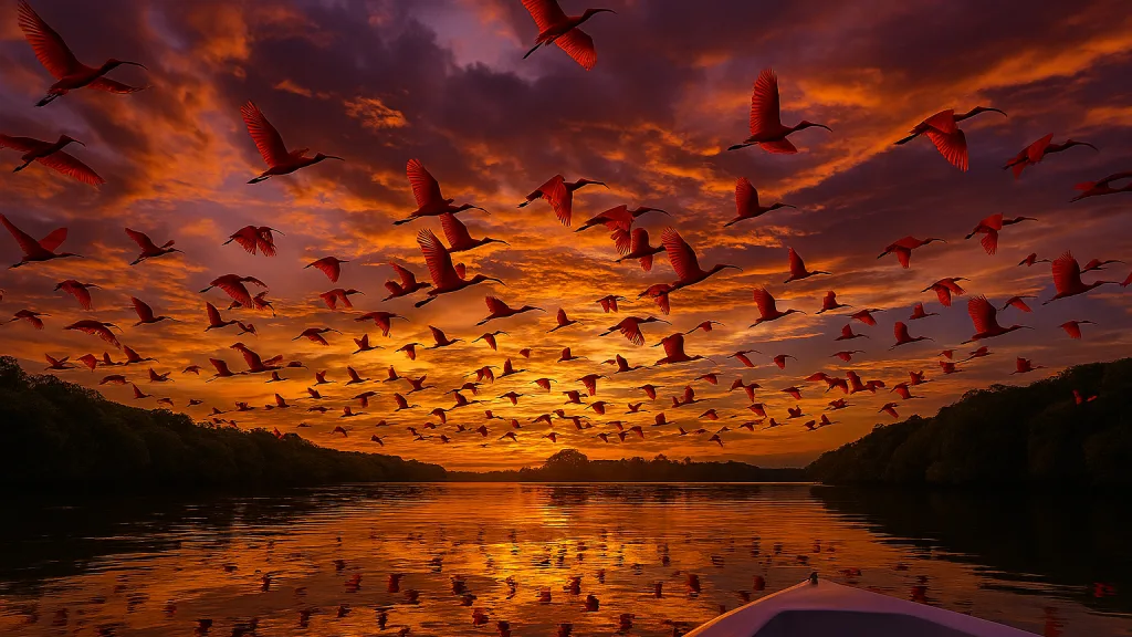 Revoada dos Guarás no Delta do Parnaíba, Piauí, durante o pôr do sol.