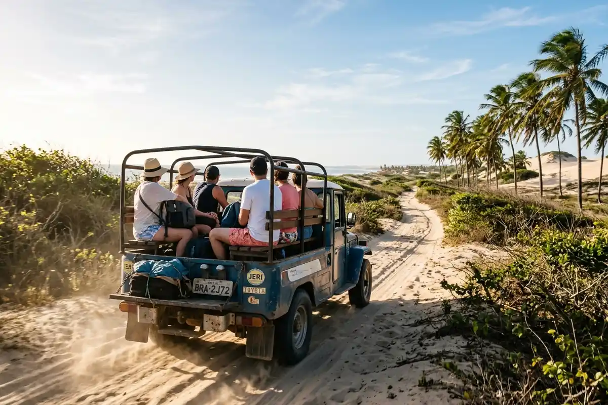 Veículo 4x4 no trajeto de areia entre o aeroporto e a vila de Jericoacoara