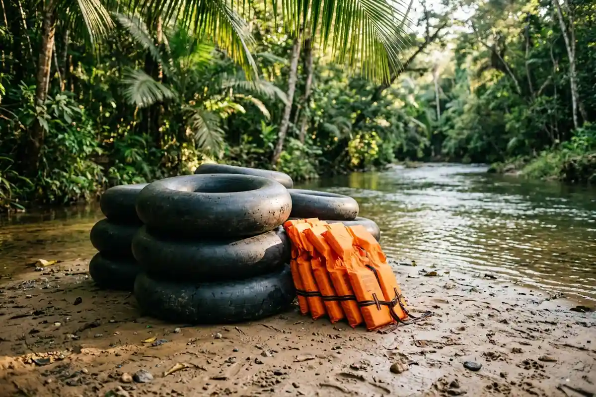 Boias e coletes prontos para a descida no Rio Formiga