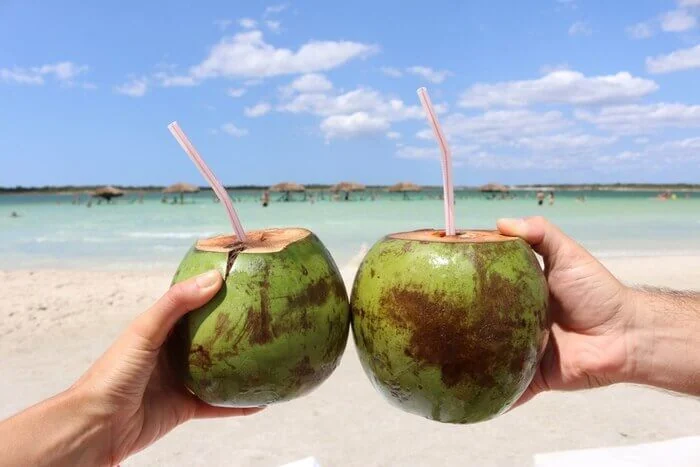 Duas mãos brindando com cocos verdes de canudo diante de uma lagoa de água clara com guarda-sóis de palha