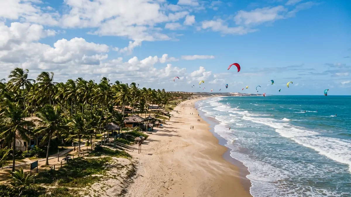 Kites no ar sobre a praia de Icaraizinho de Amontada, no litoral oeste do Ceará