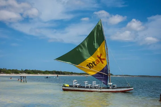 Jangada com vela verde, amarela e roxa em águas rasas e claras, com banhistas ao fundo