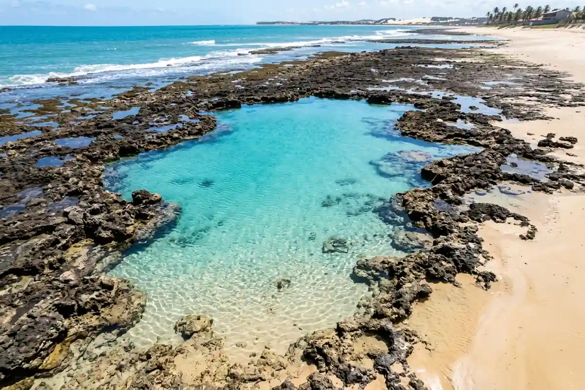 Piscina natural formada pelo recife na maré baixa de Flecheiras