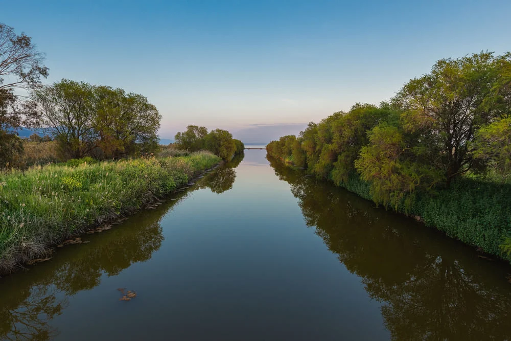 Rio de águas calmas e espelhadas correndo entre margens cobertas de vegetação, ao entardecer