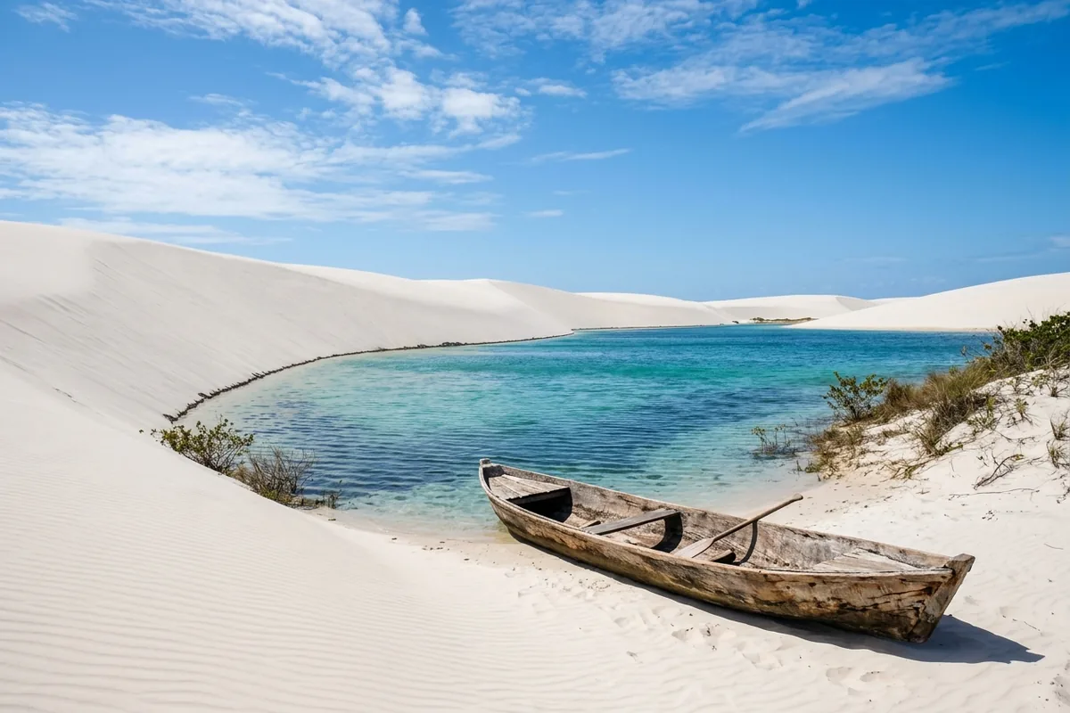Canoa na margem da Lagoa de Betânia, em Santo Amaro, com dunas ao fundo