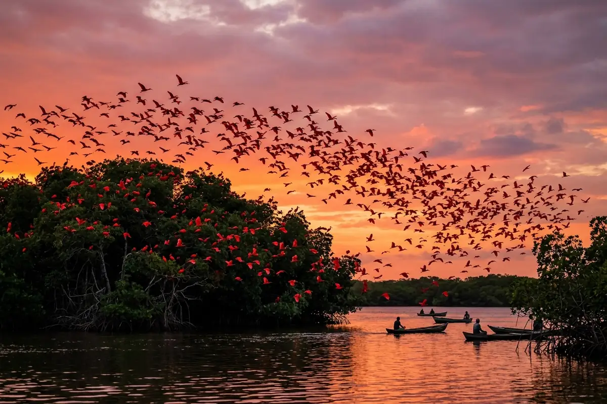 Céu vermelho no pôr do sol do Delta do Parnaíba durante a revoada dos guarás