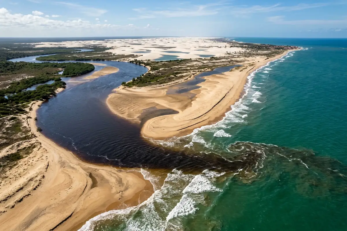 Foz do Rio Preguiças no Canto do Atins, com dunas brancas encontrando o mar