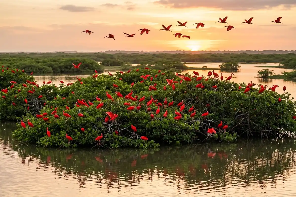 Ilha de manguezal no rio Periá ao pôr do sol, ponto da revoada dos guarás perto dos Lençóis Maranhenses
