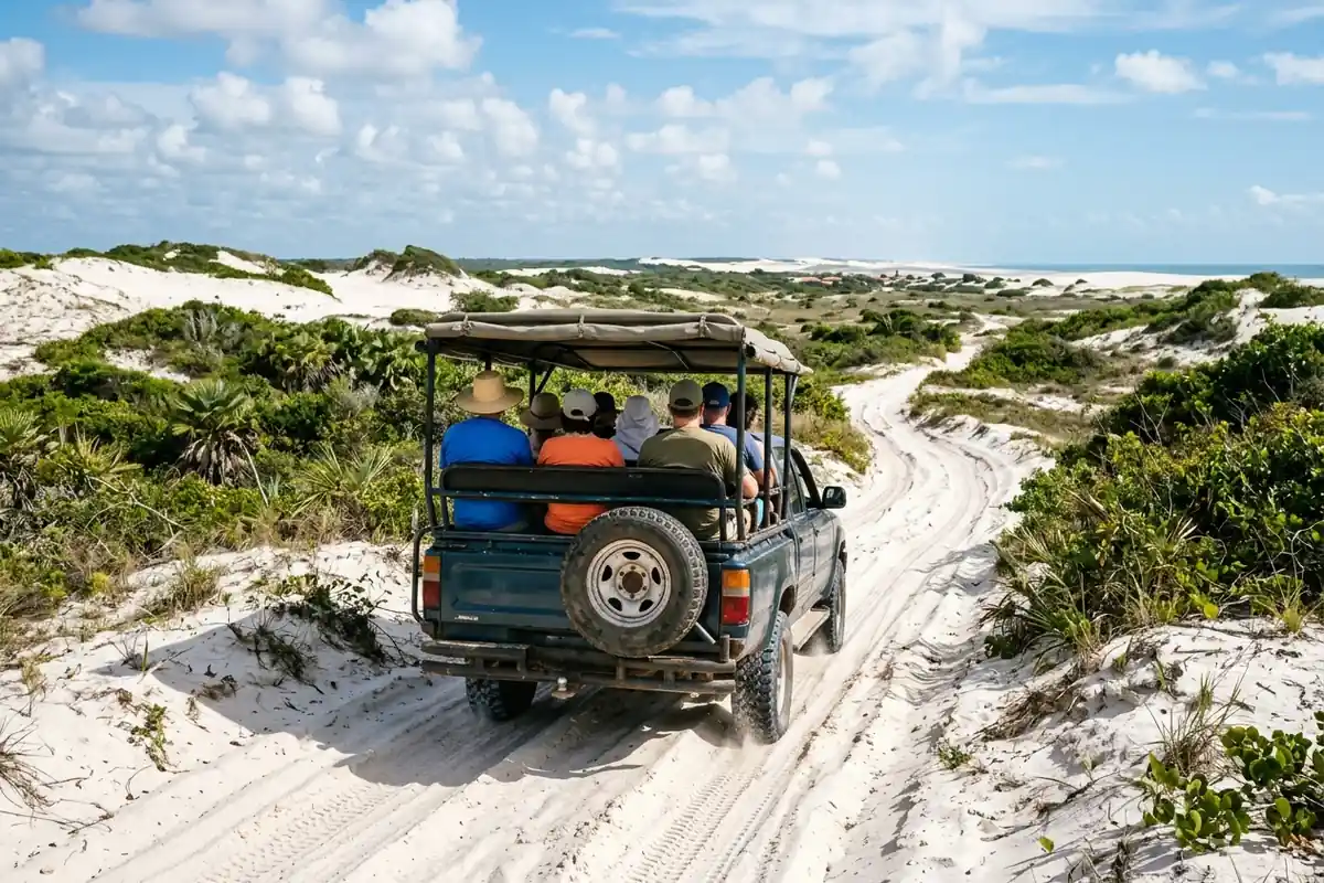 Jardineira 4x4 na trilha de areia entre dunas a caminho do Canto do Atins