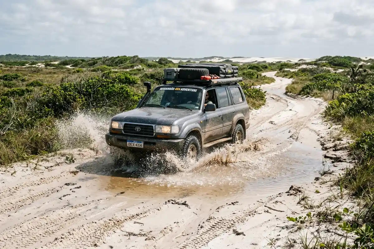 Jardineira 4x4 em trilha de areia no transfer de Barreirinhas para Jericoacoara Jardineira 4x4 em trilha de areia no transfer de Barreirinhas para Jericoacoara