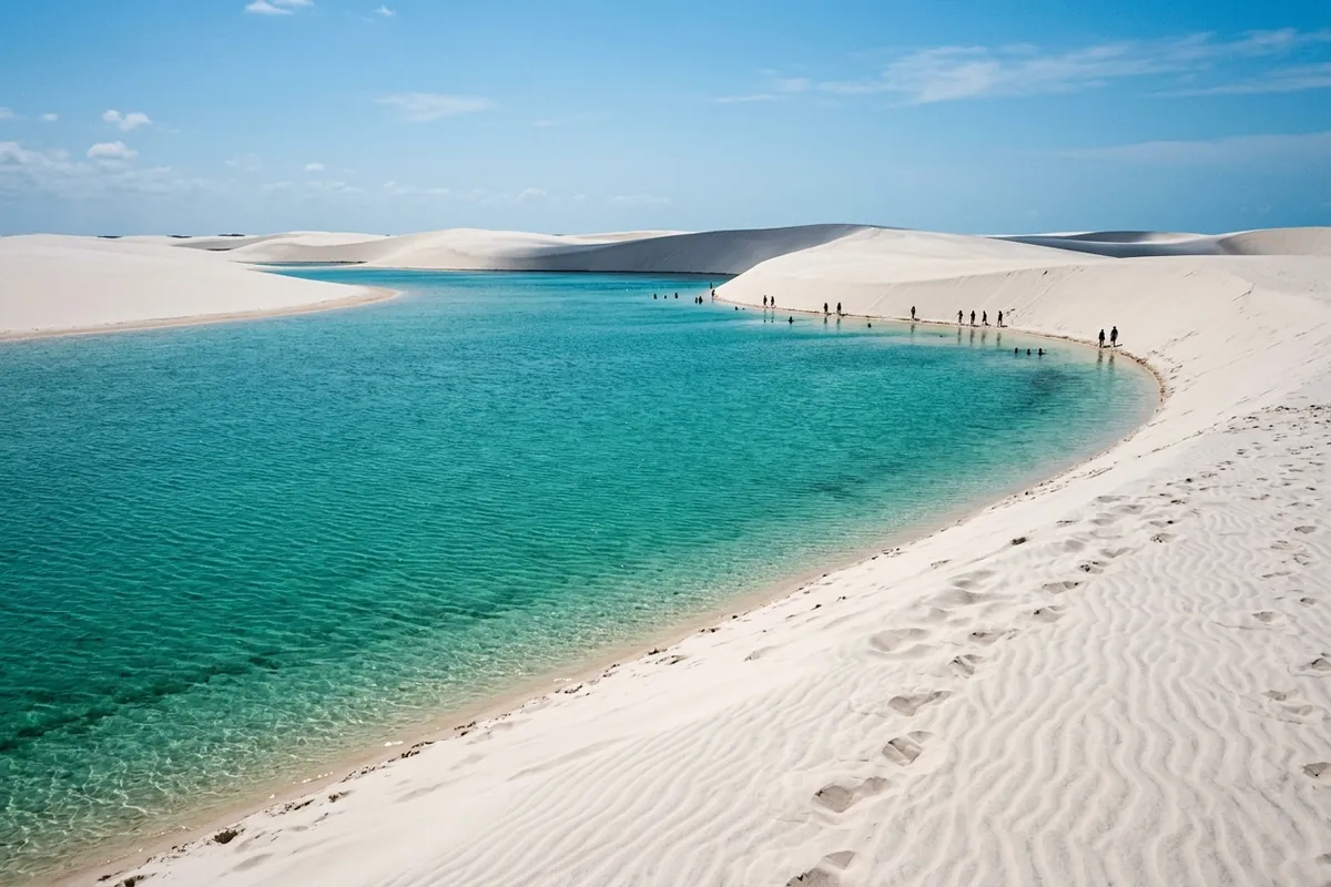 Lagoa de água verde entre dunas brancas nos Lençóis Maranhenses Lagoa de água verde entre dunas brancas nos Lençóis Maranhenses, perto de Barreirinhas