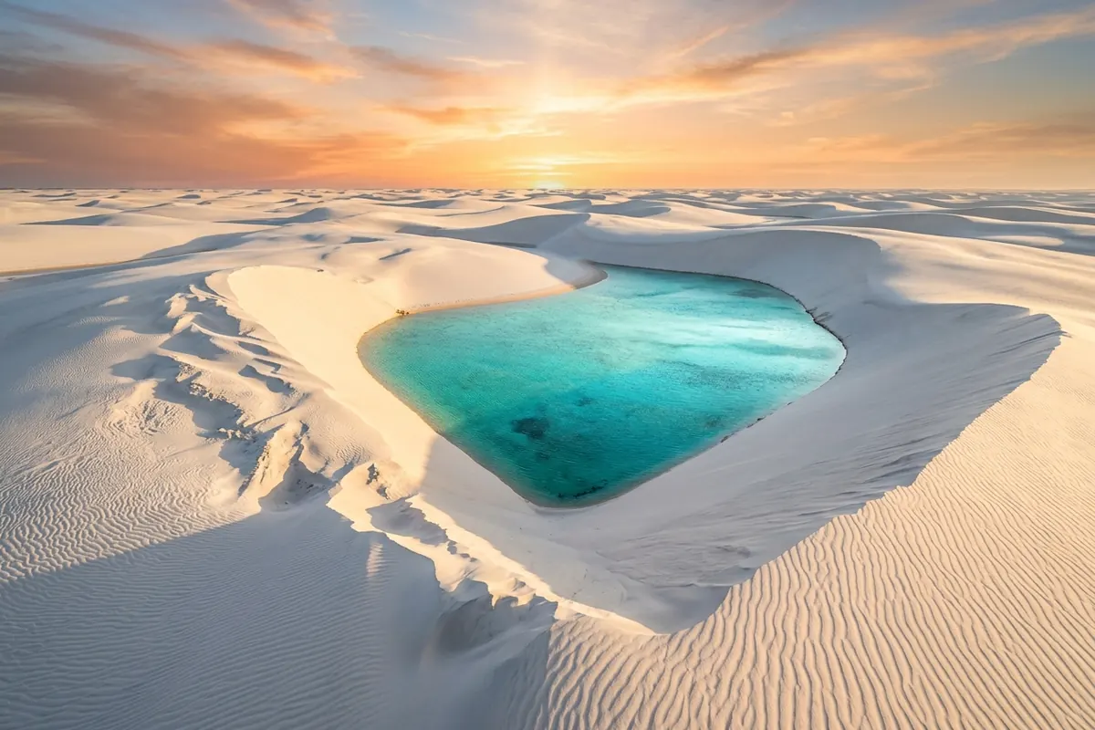 Lagoa azul entre dunas brancas no fim da tarde, cenário clássico de um pacote Lençóis Maranhenses