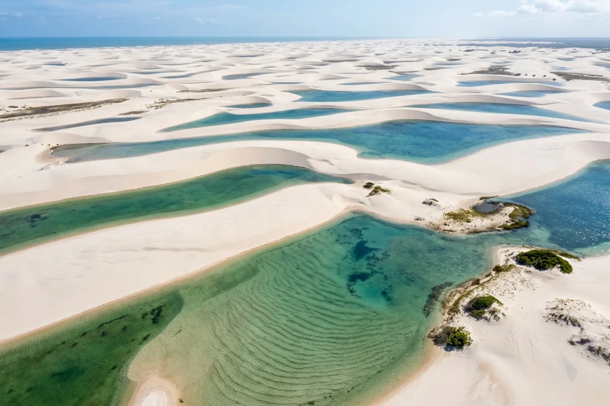 Lagoas cheias entre dunas perto da Lagoa do Junco em julho, nos Lençóis Maranhenses