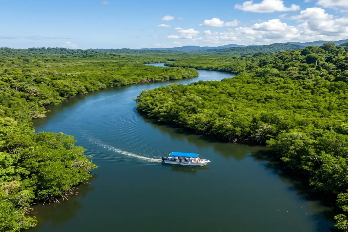 Lancha nos canais de mangue do Delta do Parnaíba a caminho da revoada dos guarás
