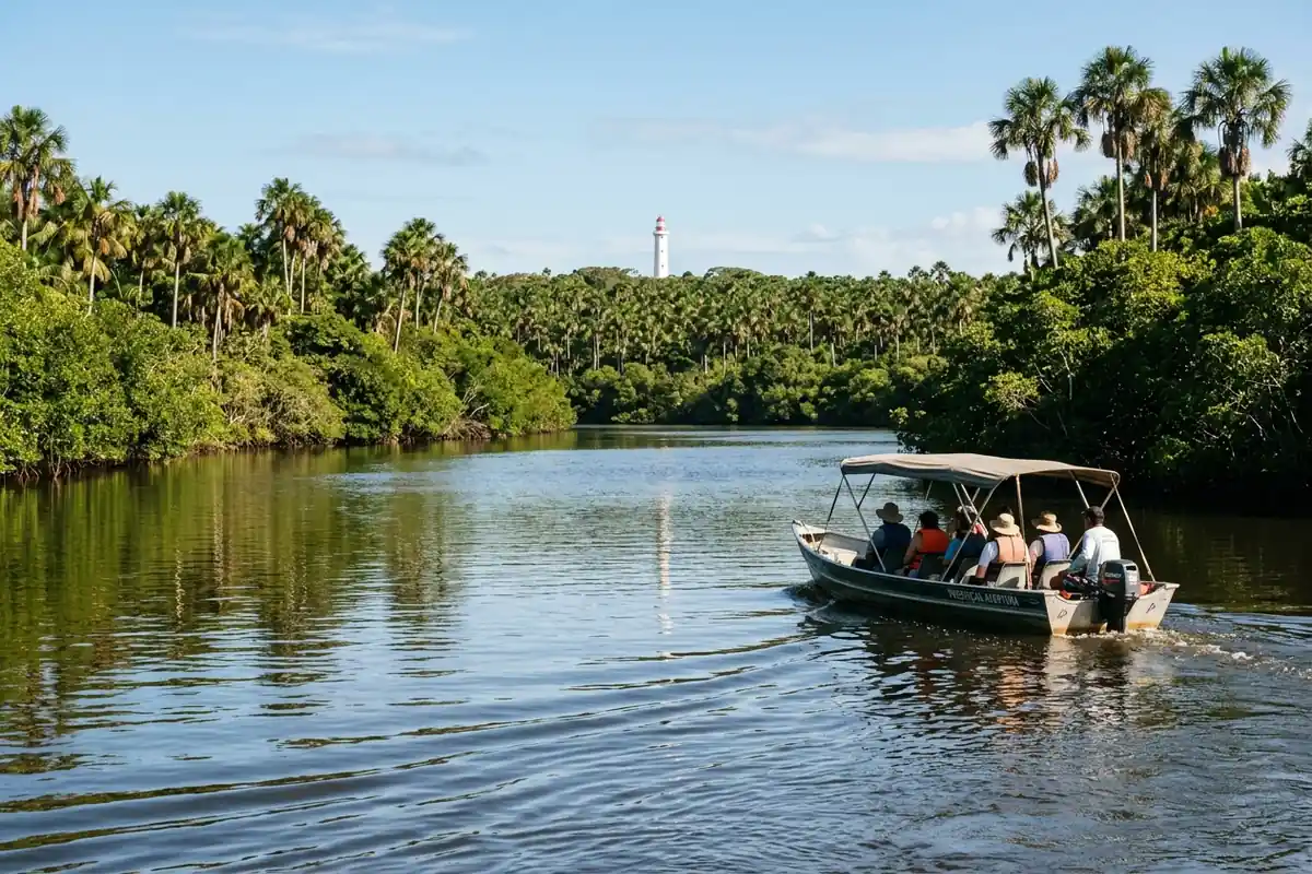 Lancha descendo o Rio Preguiças entre manguezais no caminho de Atins para Barreirinhas Lancha descendo o Rio Preguiças entre manguezais no caminho de Atins para Barreirinhas