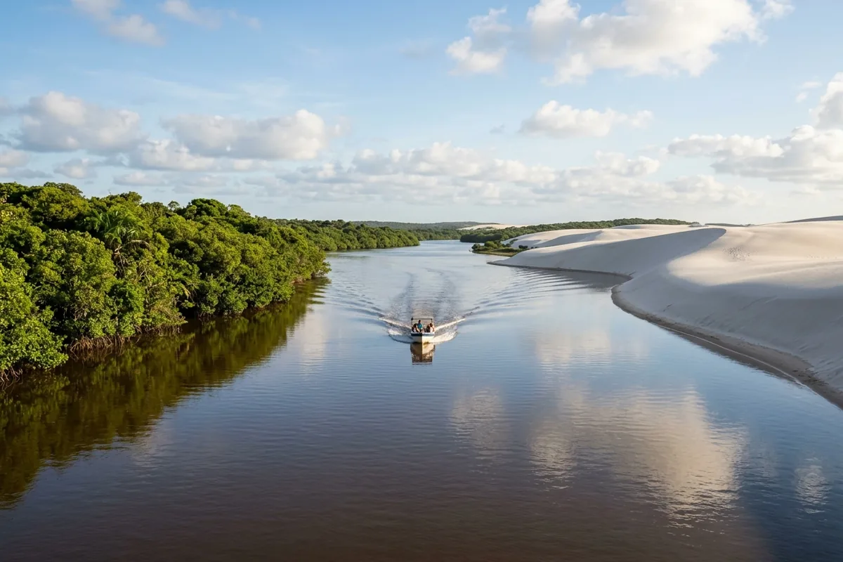 Lancha no Rio Preguiças entre manguezal e dunas, caminho de barco para o Canto do Atins