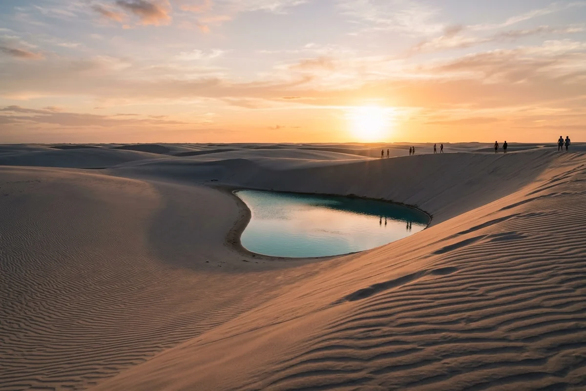 Pôr do sol nas dunas dos Lençóis Maranhenses na estação seca
