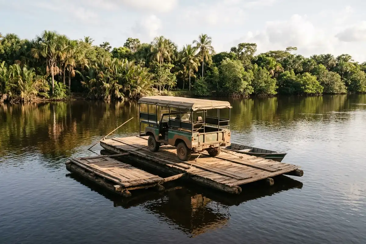 Veículo 4x4 sobre a balsa do Rio Preguiças, trecho incluído no pacote Lençóis Maranhenses